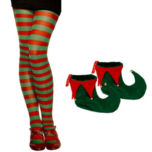 NEW LADIES ELF PIXIE TIGHTS SHOES CHRISTMAS SANTAS HELPER FANCY DRESS