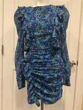 Zara Blue Floral Ruffle Front Ruched Mini Dress, Size XS, NWT!