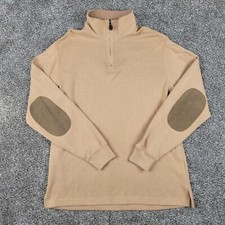 Lands End 1/4 Zip Pullover Mens Large L Tan Elbow Patches Mock Neck Cotton Shirt