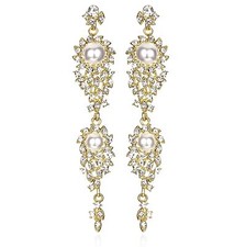 Long Pearl Gold Austrian Crystal Rhinestone Chandelier Dangle Earring Prom E105g