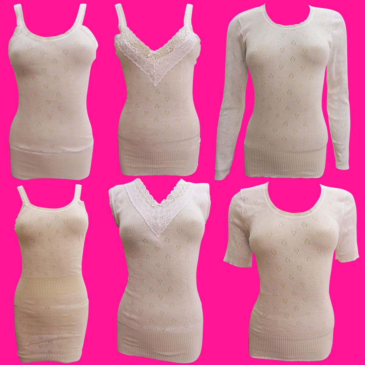 UK WOMENS LADIES THERMAL LACEY NECKLINE WARM VESTS SHORT LONG SLEEVED PLUS  SIZE