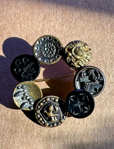 Antique Buttons Brooch - 7 Glass & Metal Antique Buttons on Vintage Pin Backing - Picture 5 of 9