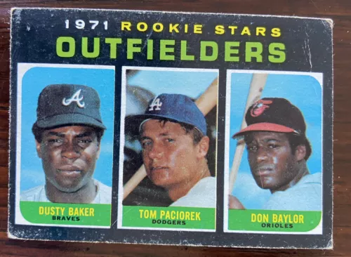 1971 TOPPS  #709 TOPPS OUTFIELDER ROOKIE STARS!! HI#!! BAKER  BAYLOR  PACIOREK!!