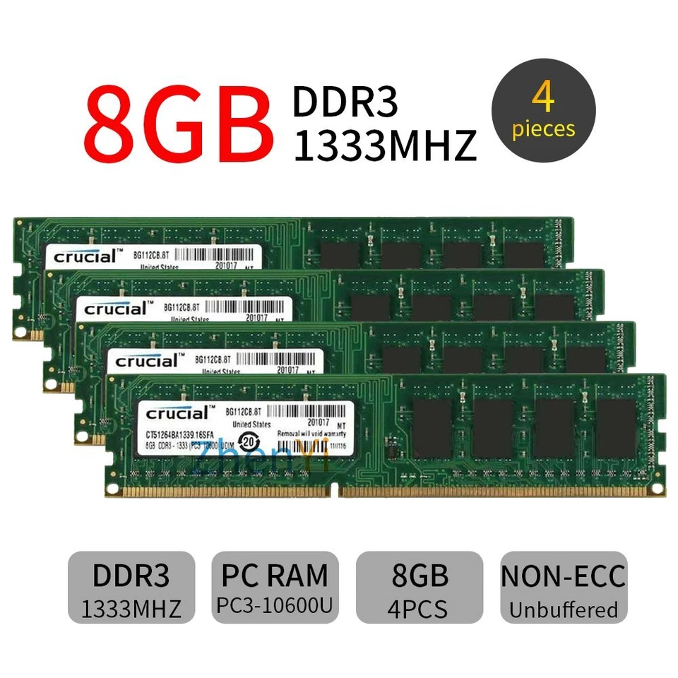 Crucial 32GB 16GB 8GB 4GB PC3-10600U DDR3 1333Mhz 240Pin Desktop Memory Lot AB - Image 2 of 4