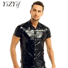 Men Metallic T Shirts - Leather Short Sleeves Shirt Shiny Clubwear Undershirt