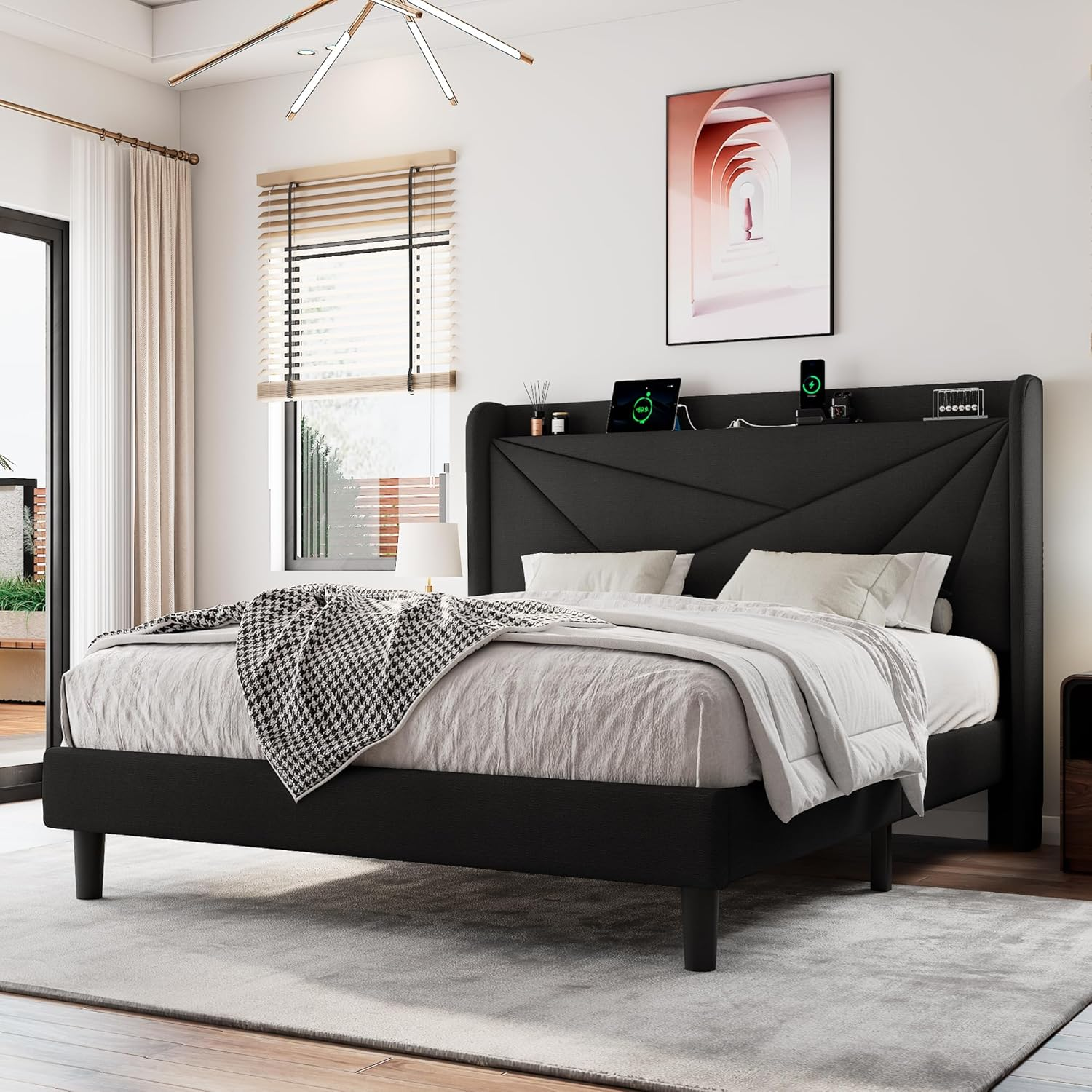 Full Size Upholstered Platform Bed Frame with USB Charging Station and Storage