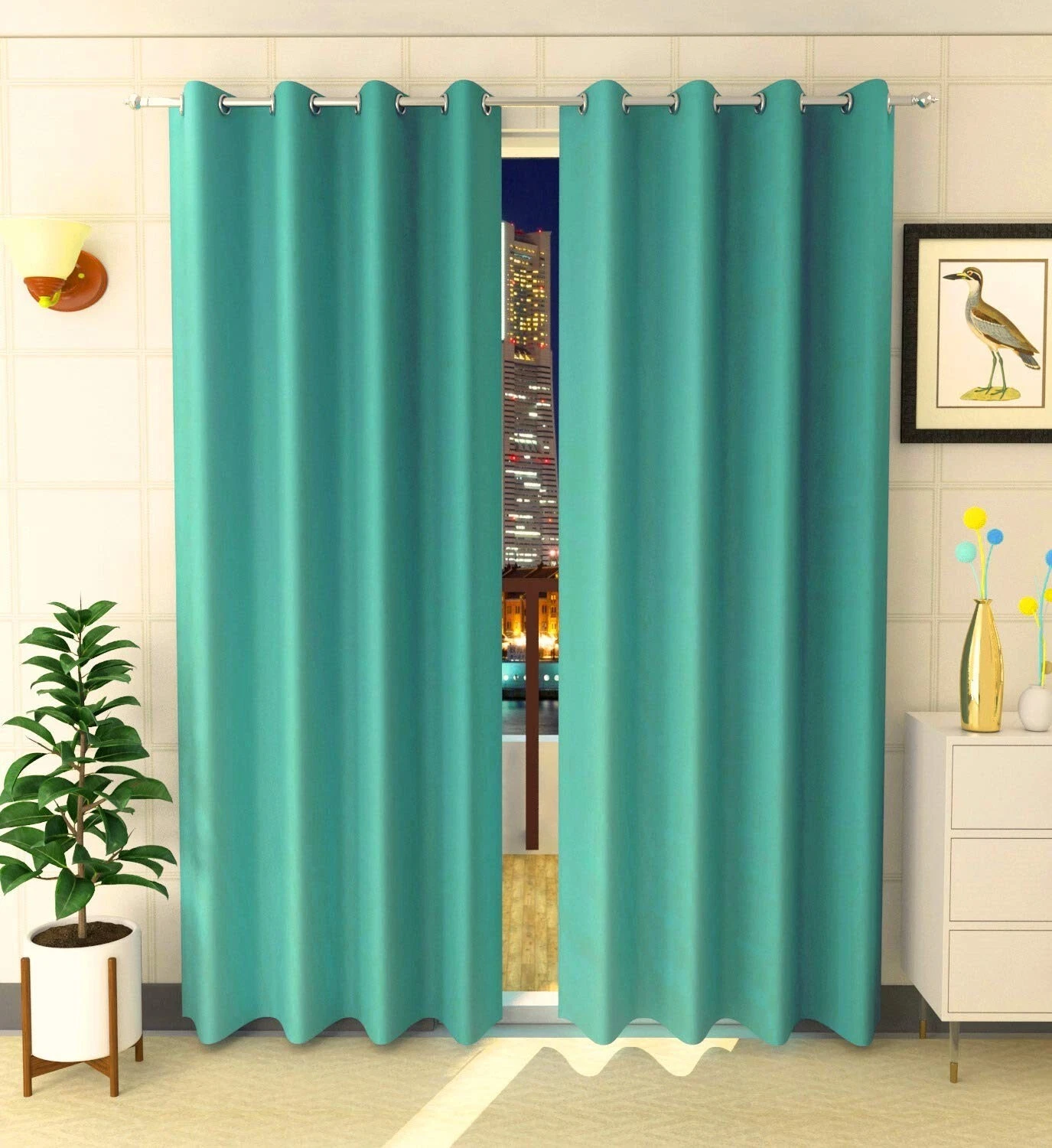 2 Pcs Blackout Curtains Thermal Insulated 3 Layered Door Curtain 7 ft Aqua Blue