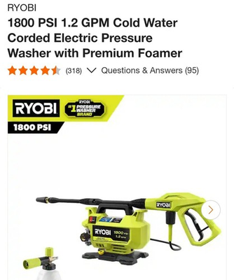#ad RYOBI 1800 PSI 1.2 GPM Corded Electric Cold Water Pressure Washer Turbo Nozzle $90.00