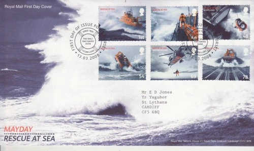 GB Stamps First Day Cover Rescue at Sea, RNLI, boat, storm, Morse code SHS 2008