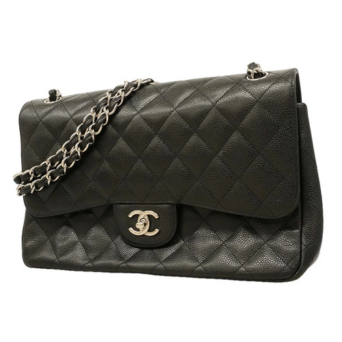 Chanel Double Flap Chain Shoulder Bag Quilted Caviarskin Black Women's #OTB359