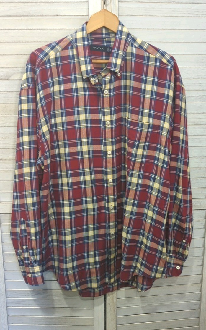 Nautica Men's Sz XL Plaid Button-up Shirt Multicolor Front Pocket Classic Style