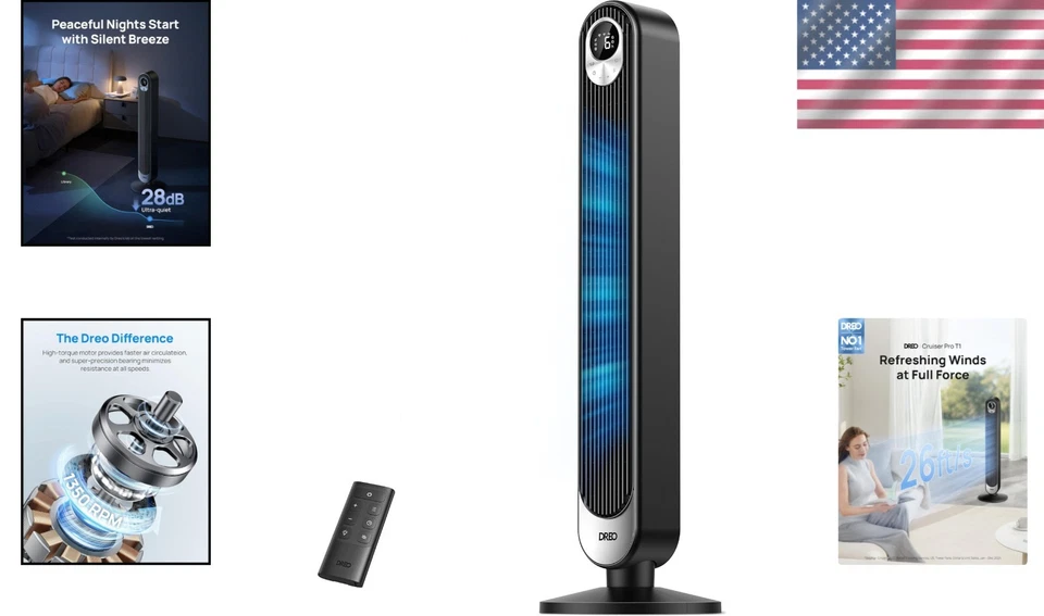 42" Tower Fan, Ultra Quiet 28dB, 6 Speeds, Bladeless Design - Image 2 of 4