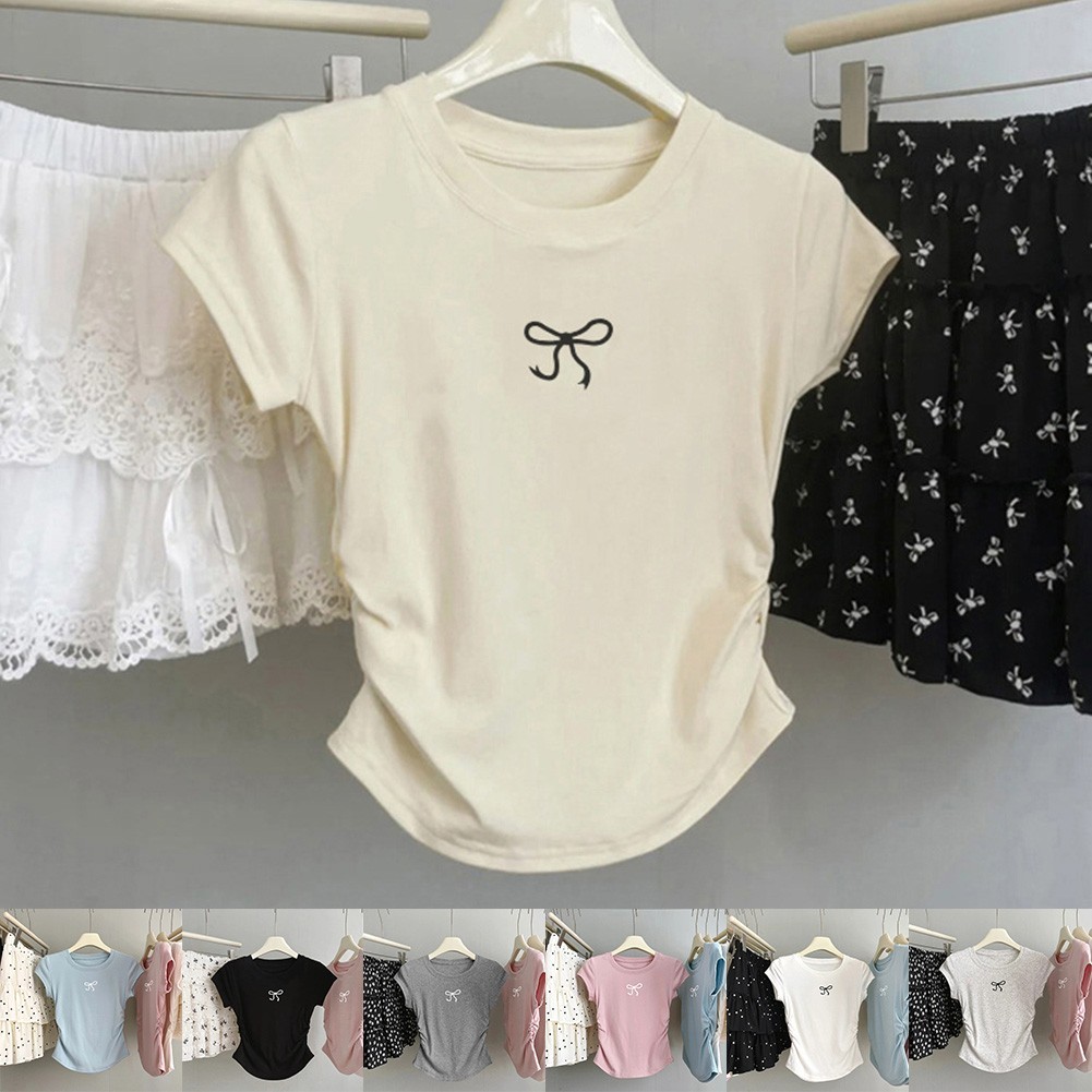 ALTRA Top donna elegante manica corta con fiocco plissettato design tinta unita