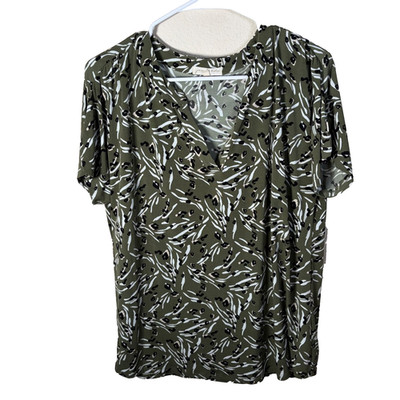 Joie De Vivre Blouse Women's Large V-Neck Green Printed Short Sleeve Top