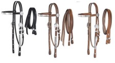Silver Browband Headstall - Matching Reins - Pony Size - 3 Leather Colors