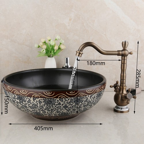 Bathroom Round Pattern Vessel Sink Tempered Ceramic Basin Bowl Faucet Combo - Picture 4 of 9