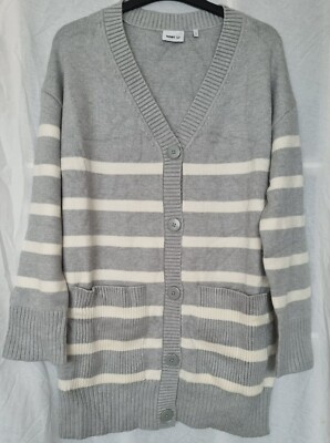Next women's grey white stripe soft touch longline knit cardigan S