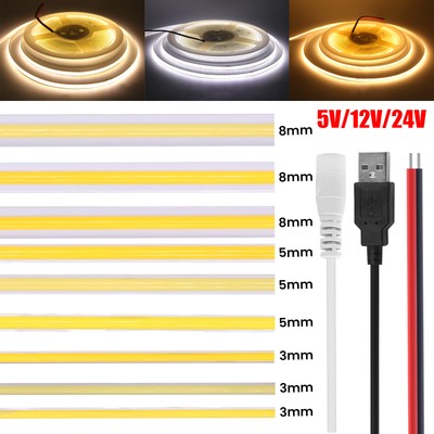 3mm/5mm/8mm COB LED Streifen Stripe Selbstklebend Lichtband Lichterkette 5V-24V
