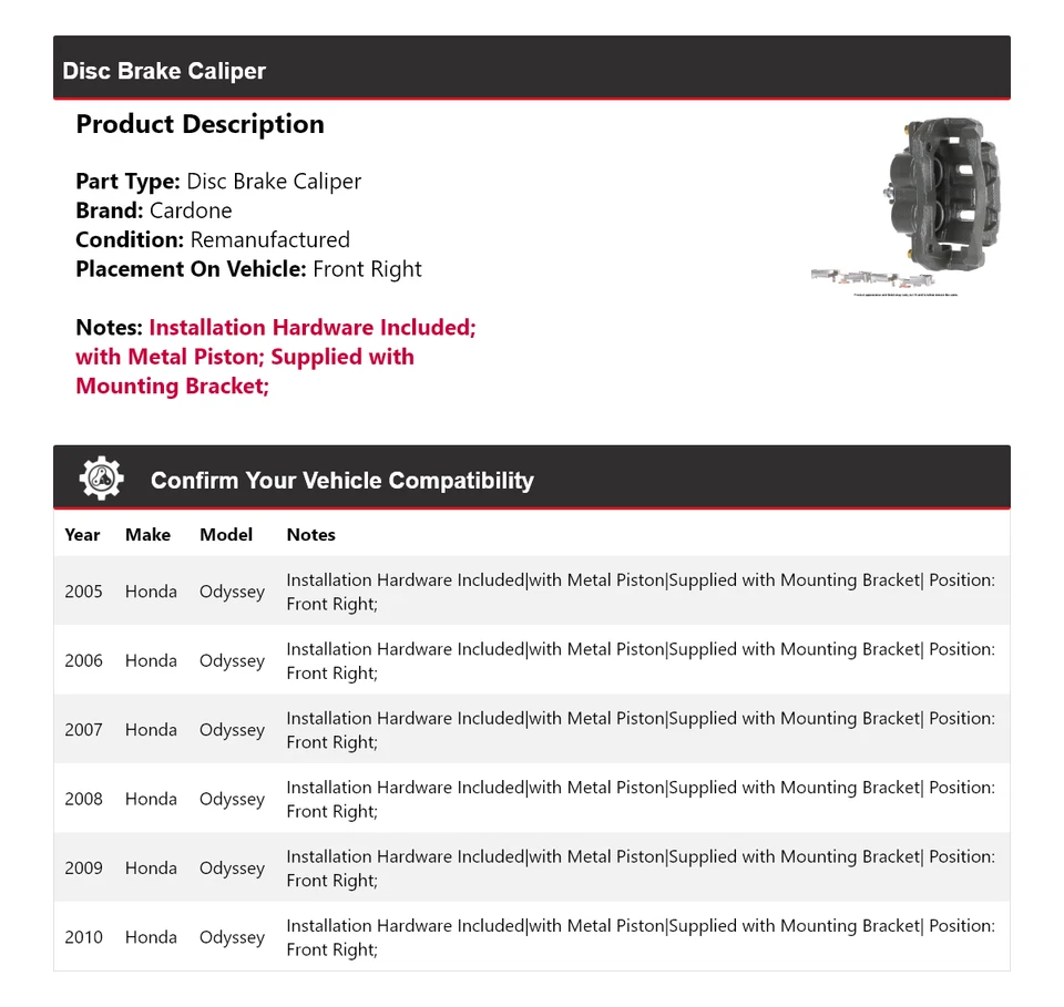 Pinça de freio a disco dianteira direita Cardone 2006 2007 Honda Odyssey 2005-2010 - Imagem 2 de 4