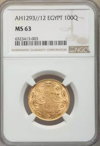 EGYPT - OTTOMAN , GOLD 100 QIRSH ABDUL HAMID II 1293/12 AH NGC MS 63 , RARE