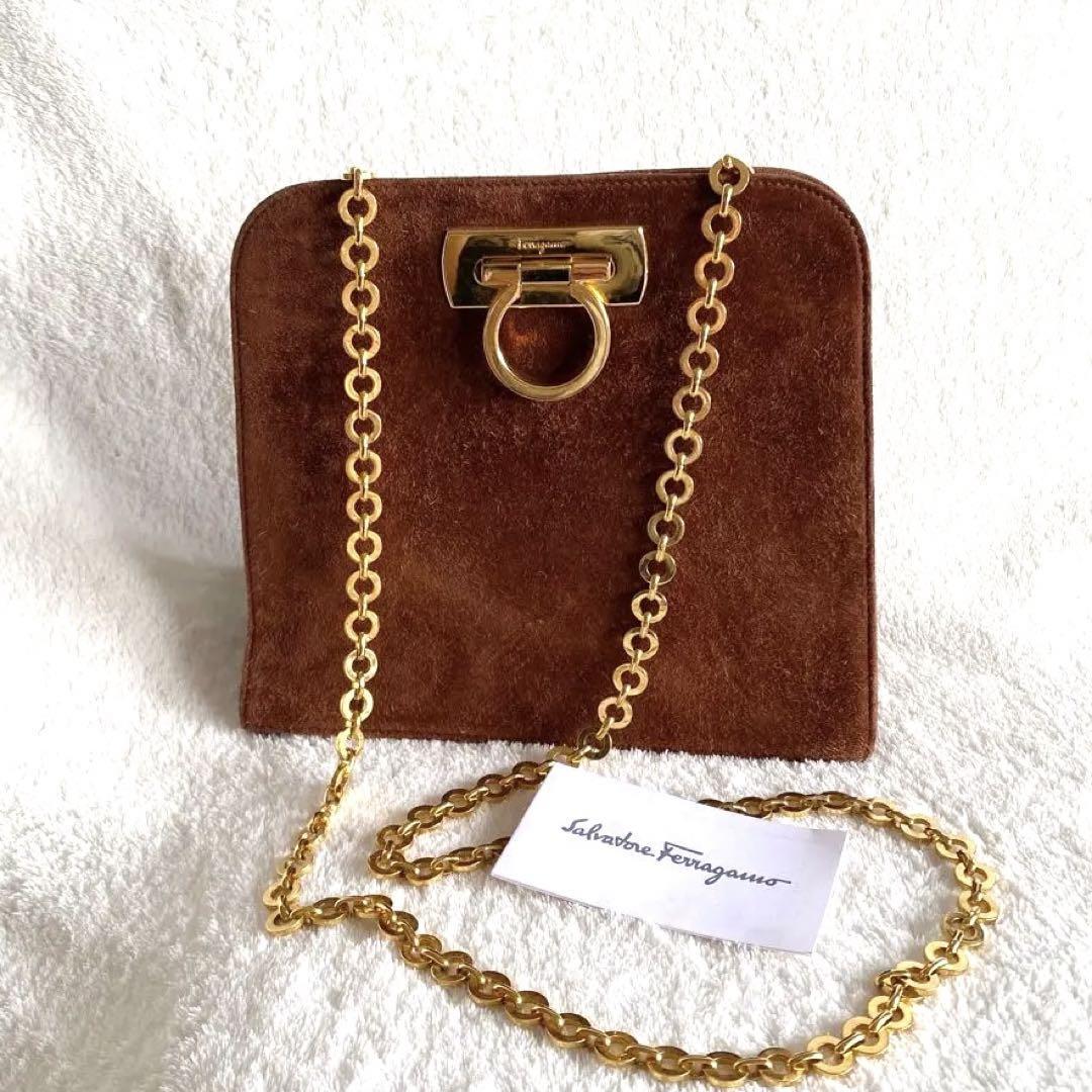 Salvatore Ferragamo Gancini Chain Shoulder Bag Brown Suede