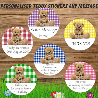 48 personalisierte Teddybär Picknick Aufkleber Geburtstag, Schule, Picknick Party Kegel