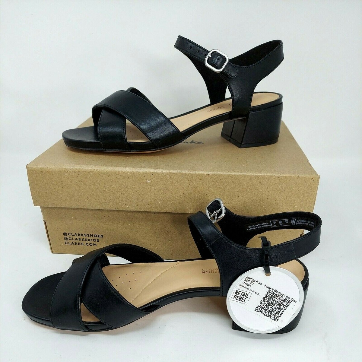 Clarks Ladies Sheer35 Strap Black Leather Chunky heel Sz dress