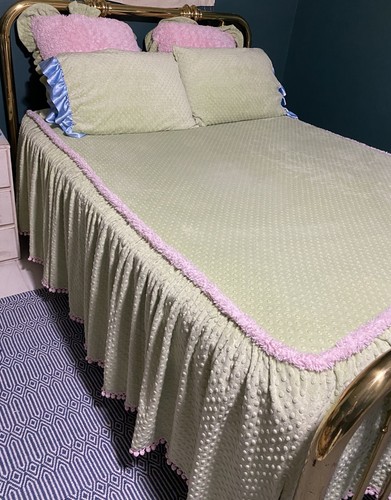 Handmade Set Minky Dot Pom Pom Bedspread, Shams, Cases Full Queen Pink Green - Picture 8 of 11