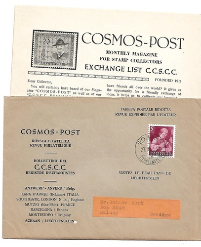 Auslandsdrucksache SCHAAN 27.10.53 nach Schweden COSMOS-POST mit Inhalt