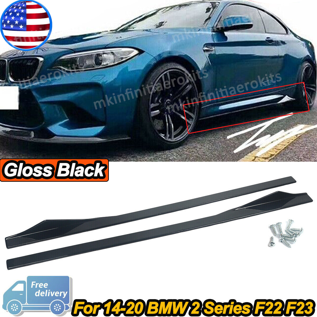 For 14-21 BMW F22 230i M2 F87 Carbon Fiber Look Side Skirts Extension Panel Lip