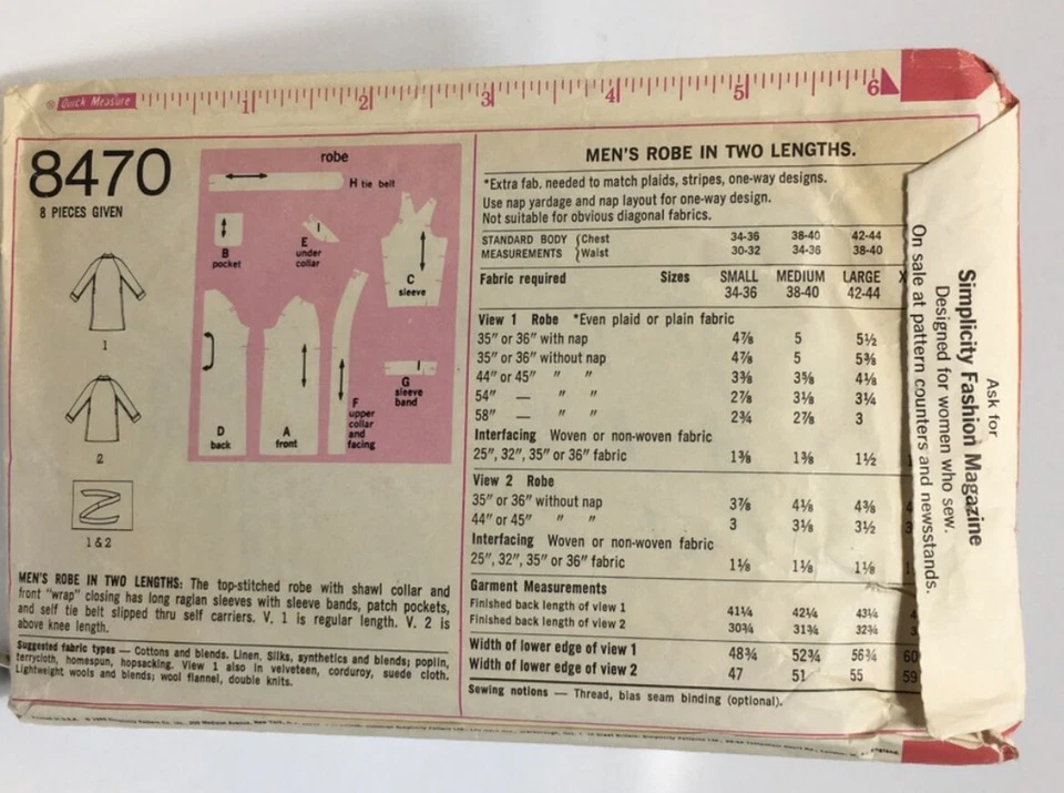 Robe Mens Size Large 42-44 S8470 Cut 60s Sewing Pattern - Image 2 of 2