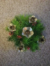 Vintage Christmas Candle Holder Centerpiece. 5 candle holders. Pinecones&needles