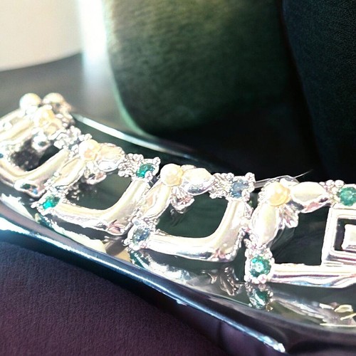 Rhodinierte D'Orlan Swarovski Halskette mit grünen blauen Kristallen Kunstperlen - Bild 7 von 24