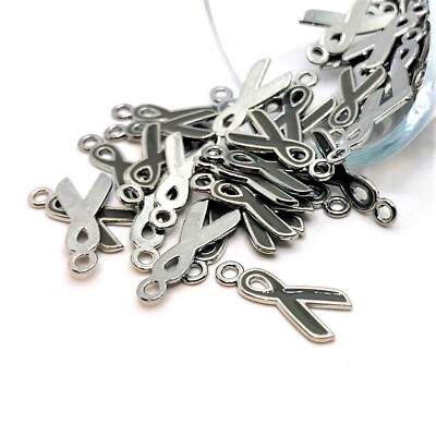4, 20 or 50 BULK pcs Gray and Silver Awareness Ribbon Charms- US Seller- GA067
