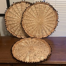 Set of 3 Handmade Round Wicker Decorative Baskets with Pom Pom Trim, Beige Brown