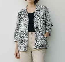 Chico's Blazer Women's 3 Zebra Animal Print Linen Blend Black White