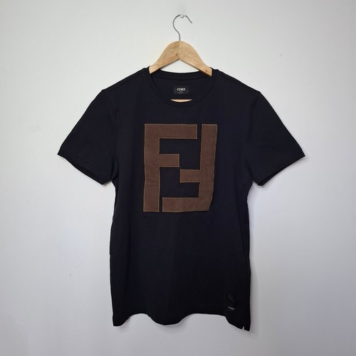 FENDI schwarz Baumwolle Alcantara FF Logo bestickt Rundhals T-Shirt Größe Small