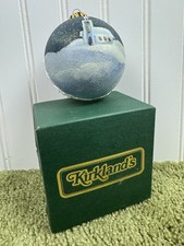 Vintage Kirkland’s Hand Painted Glass Christmas Ornament Snow Church w Box