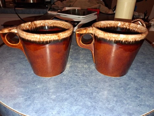 (2) VTG Hull Pottery Coffee Mug Cup Brown Drip Glaze Oven Proof USA Mint Conditi