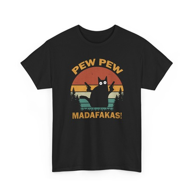 #ad Pew Pew Madafakas Cat Gun Shirt Funny Retro Sunset Graphic Tee Kitty Lover Gift $15.99
