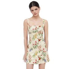 Cider Mini Dress Women XS Beige Floral Ribbed Square Neck Sleeveless