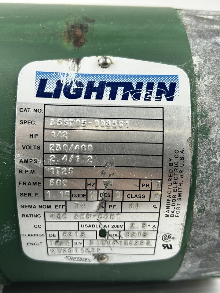 Baldor Lightnin 35ST05-0085G1 Motor 1/2HP 1725RPM 3PH 230/460V 2.4/1.2A 56C - Image 2 of 4