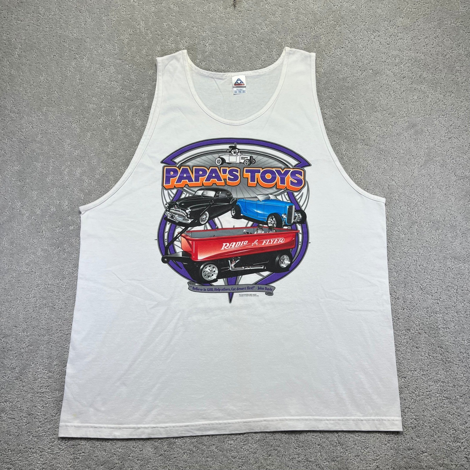 VINTAGE Papa's Toys Tank Top 3XL White Radio Flyer Hot Rod Classic Cars Graphic