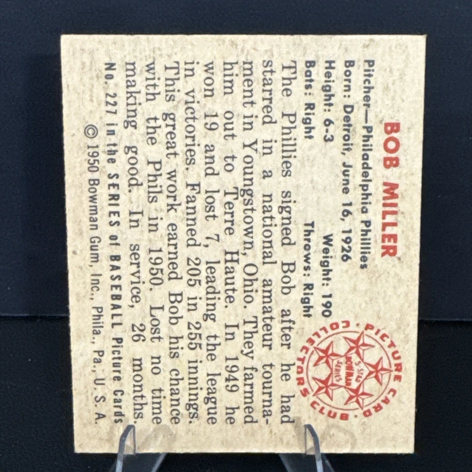 1950 Bowman Set-Break No227 Боб Миллер EX-MT - Изображение 2 из 2