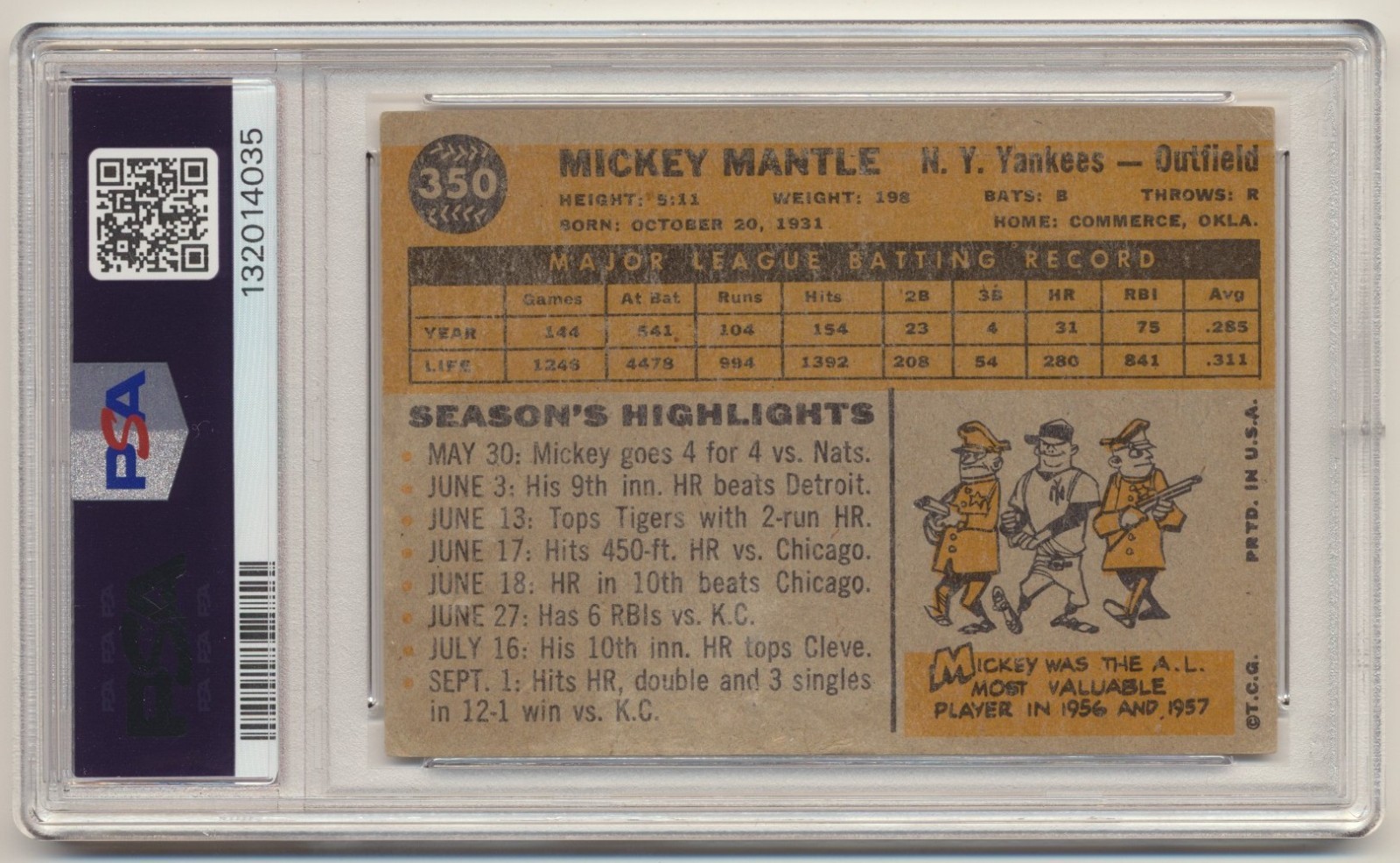 Mickey Mantle 1960 Topps Card, # 350, PSA PR 1. New York Yankees view 3
