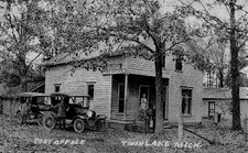 Twin Lake Michigan Post Office Cars, Lady On Porch Postcard COPY #10823