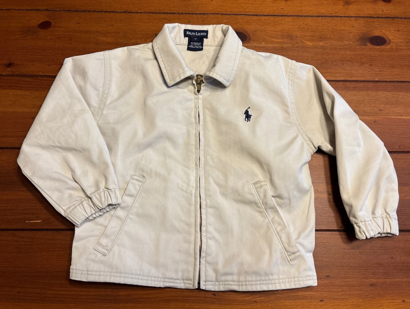 RALPH LAUREN Boys 4T Jacket Khaki Full Zip 100% Cotton Vintage Blue Logo Pockets