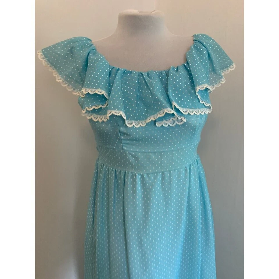 VTG 70s Boho Maxi Dress Blue Polka Dot Prairie Country Ruffle Gunne Handmade - Image 4 of 4