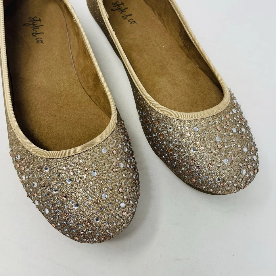 Zapatos planos de ballet Style & Co para mujer talla 6,5 M Angelynn estrás brillo en dorado S4 Foto 4 de 4