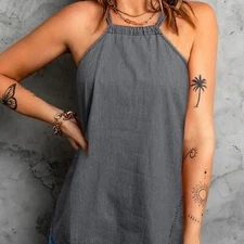 Women's Denim Tie High Neck Tank Top Black Size 2X